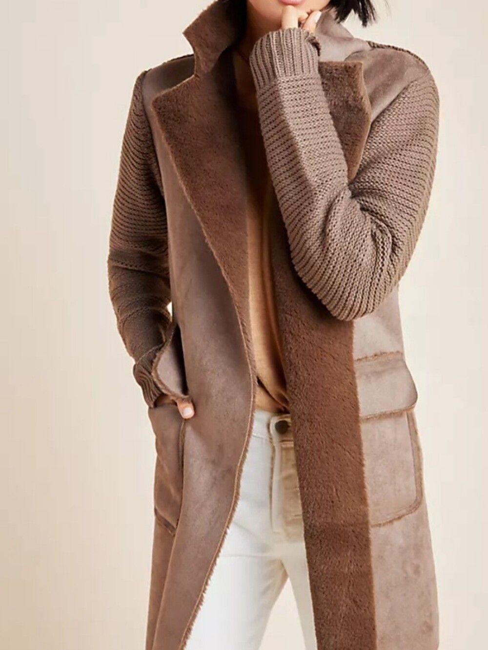 Anthropologie Piper Sweater Coat Faux Suede Faux Fur Taupe Brown M